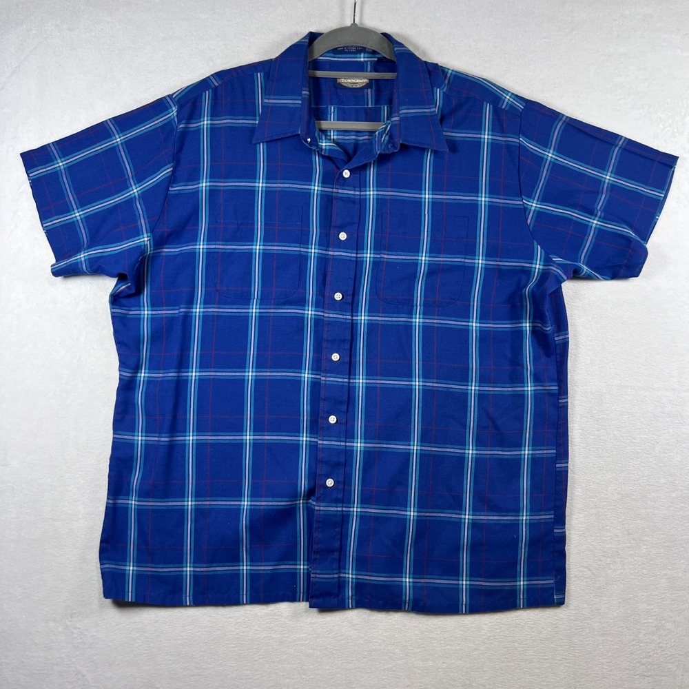 Vintage Towncraft Mens XL Blue Plaid Short Sleeve Button Down Shirt Pockets 70s